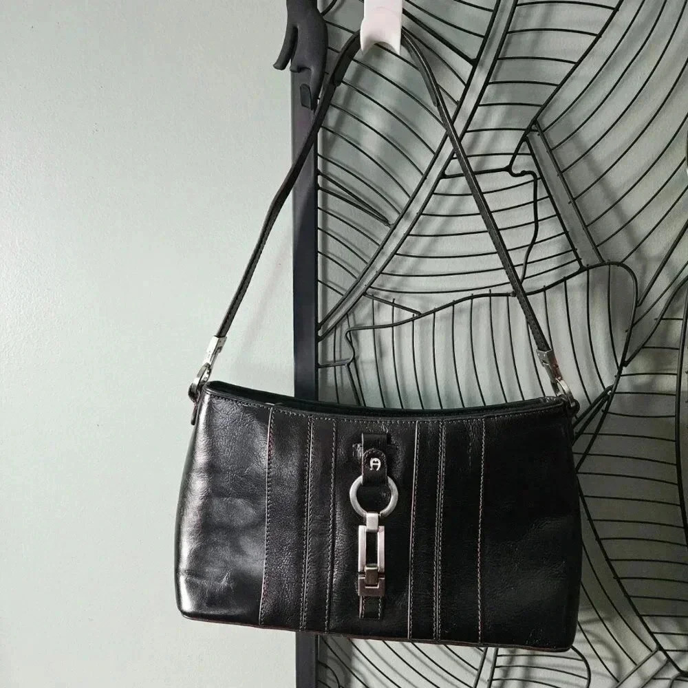 Etienne Aigner | Vienna Collection  Black Genuine Leather Baguette Shoulder Bag